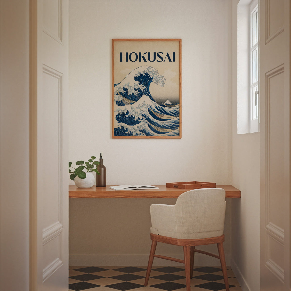 Great Wave with HOKUSAI title print in an oak frame above a wall-mounted desk in a home office nook