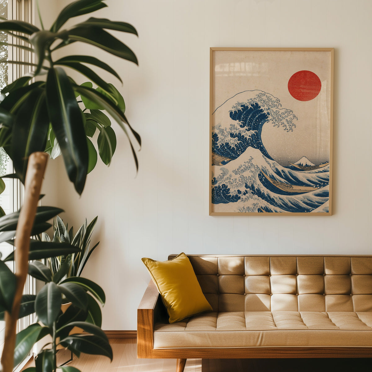 Great Wave with red sun print in an oak frame above a tan tufted leather sofa with a mustard cushion
