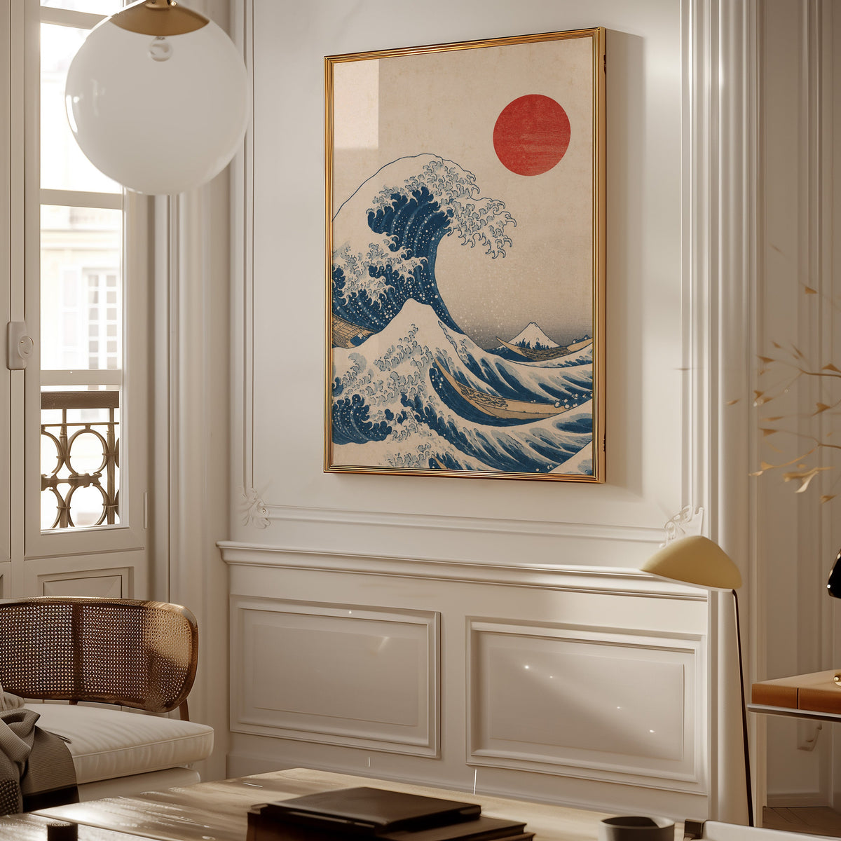 Great Wave with red sun print shown in a gold frame on a paneled wall in a Parisian-style living room