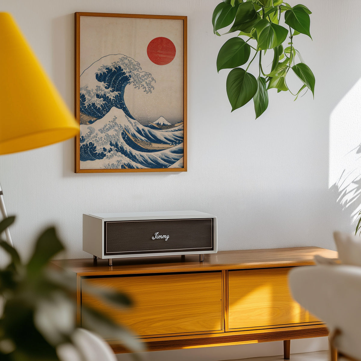 Great Wave with red sun print in an oak frame above a teak mid-century sideboard with trailing pothos