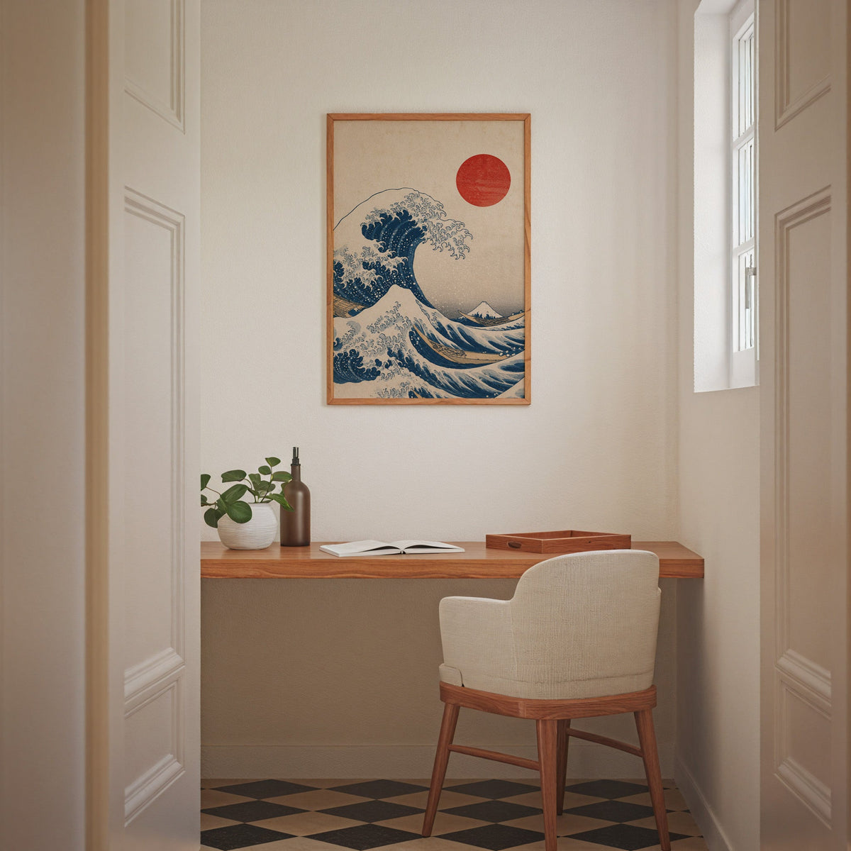Great Wave with red sun print in an oak frame above a wall-mounted desk in a home office nook