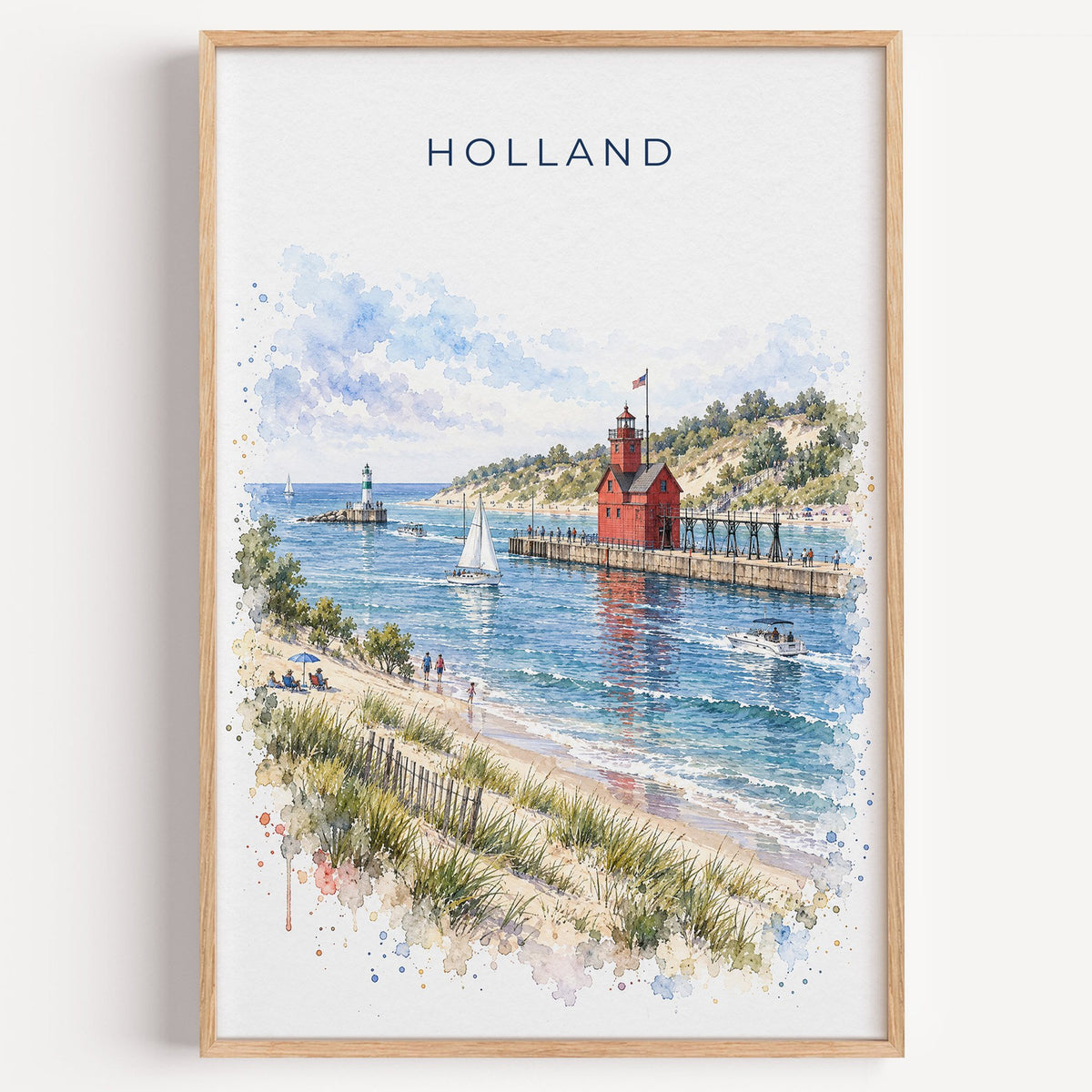Holland, Michigan watercolor print in a light oak frame on a plain white wall