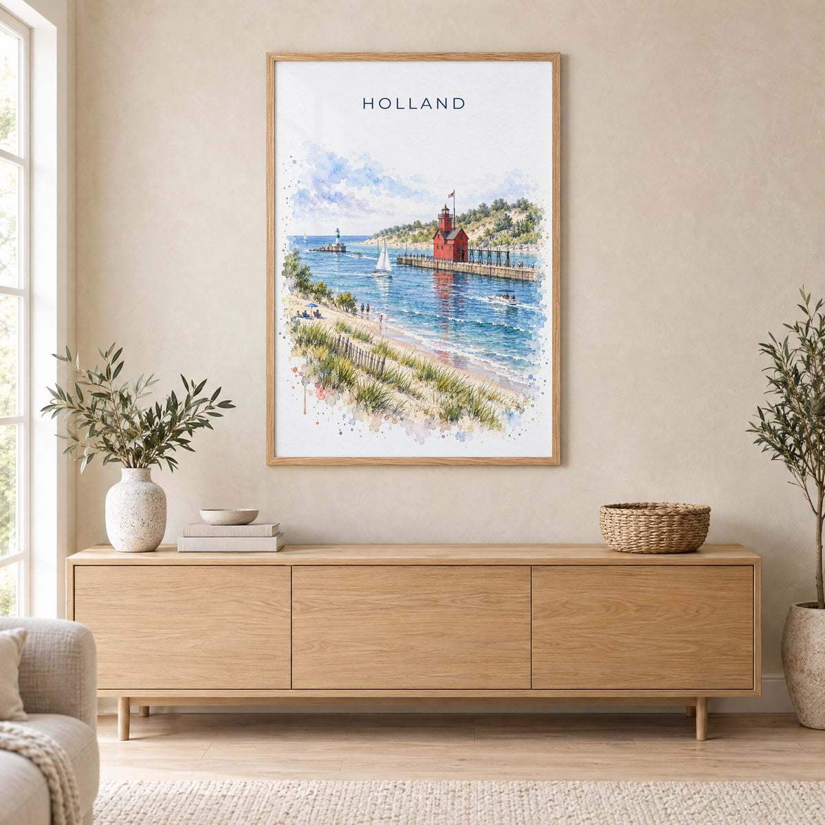 Holland, Michigan watercolor print in an oak frame above a light wood sideboard in a Scandinavian living room