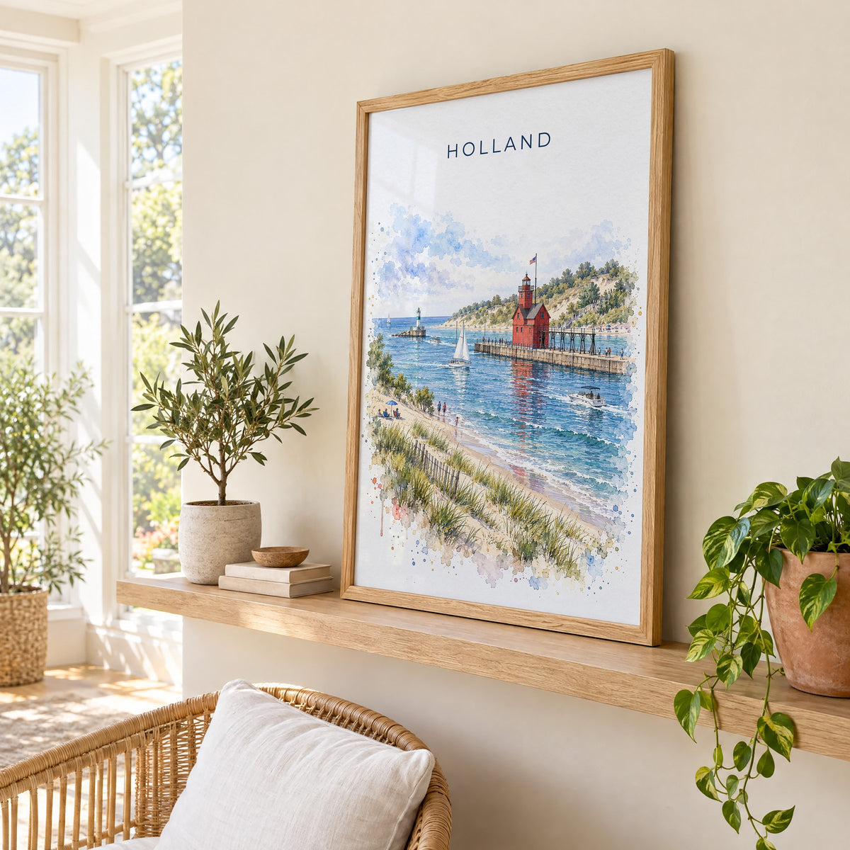 Holland, Michigan watercolor print in an oak frame on a picture ledge in a sunlit sunroom