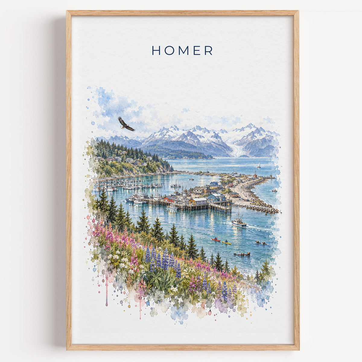 Homer, Alaska watercolor print in a light oak frame on a plain white wall