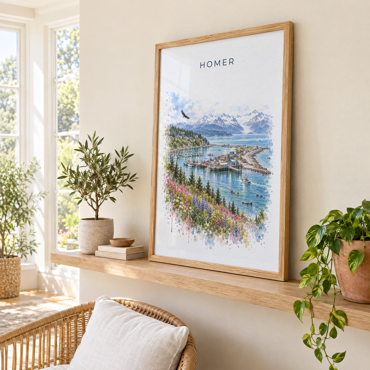 Homer, Alaska watercolor print in an oak frame on a picture ledge in a sunlit sunroom