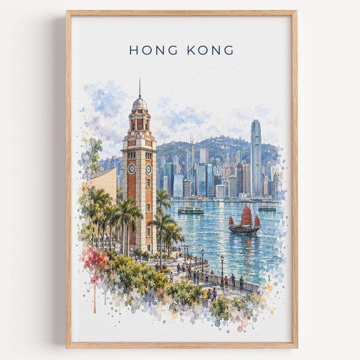 Hong Kong watercolor print in a light oak frame on a plain white wall