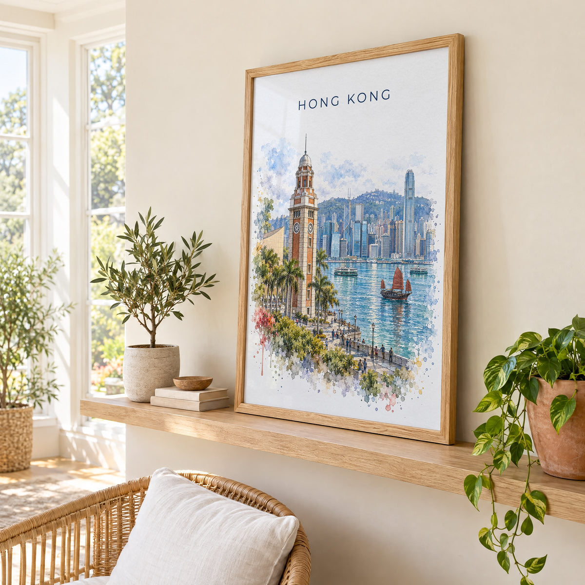 Hong Kong watercolor print in an oak frame on a picture ledge in a sunlit sunroom