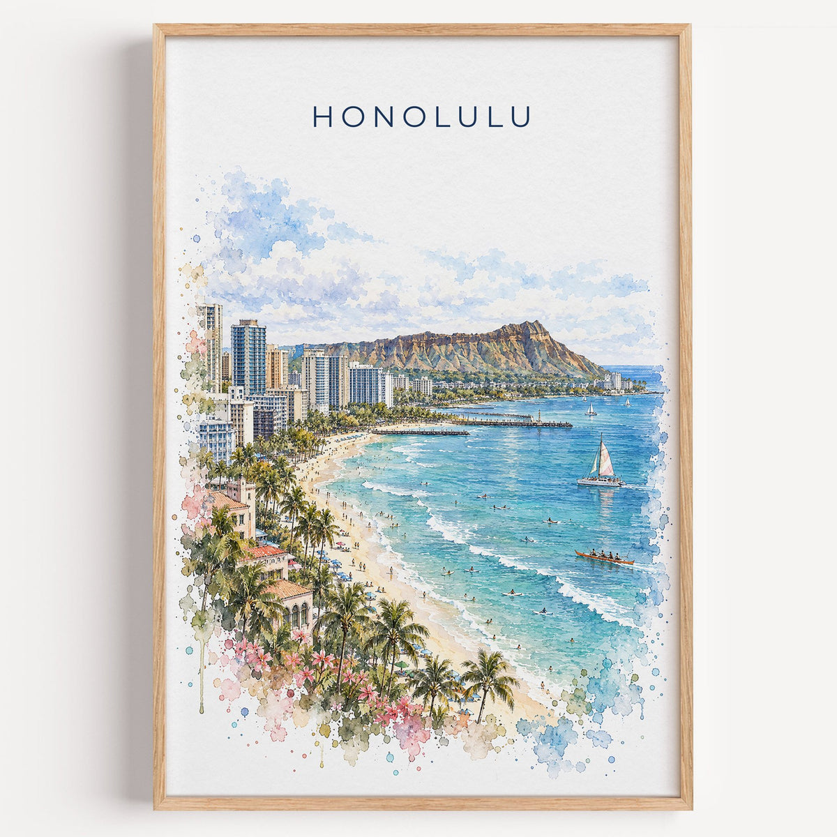 Honolulu watercolor print in a light oak frame on a plain white wall