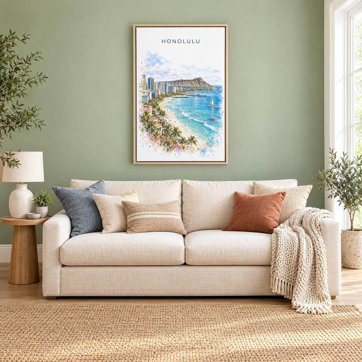 Honolulu watercolor print as a natural floater canvas above a cream linen sofa on a sage green wall
