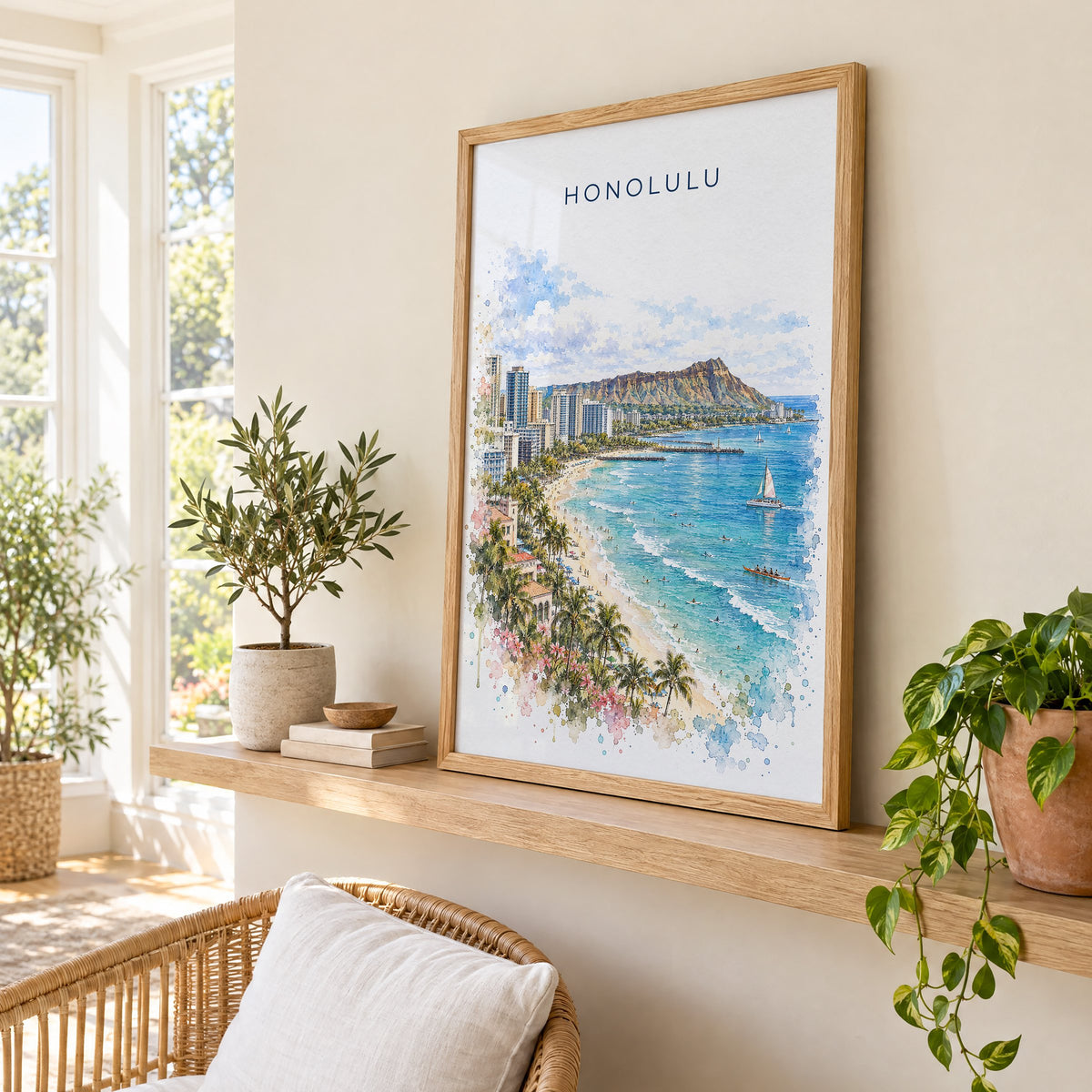 Honolulu watercolor print in an oak frame on a picture ledge in a sunlit sunroom