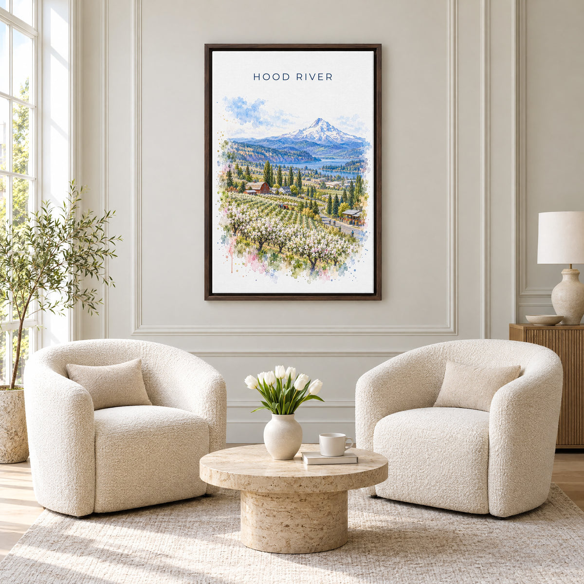 Hood River watercolor print as an espresso floater canvas above two boucle armchairs in a hotel lounge