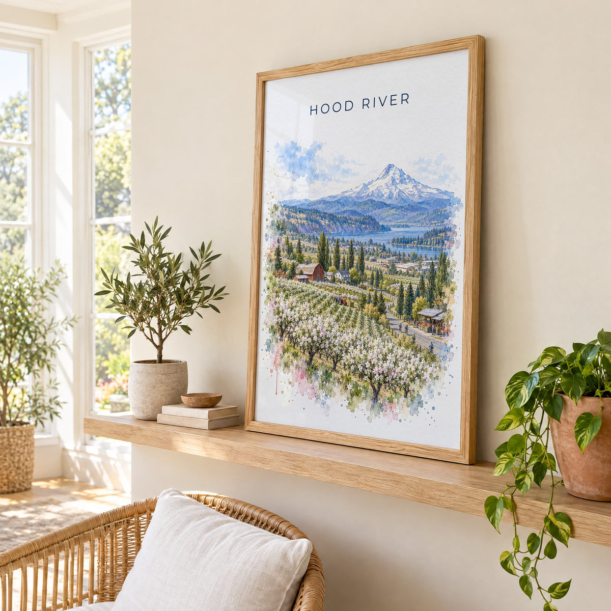 Hood River watercolor print in an oak frame on a picture ledge in a sunlit sunroom