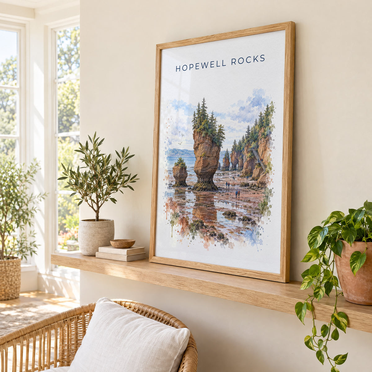 Hopewell Rocks watercolor print in an oak frame on a picture ledge in a sunlit sunroom