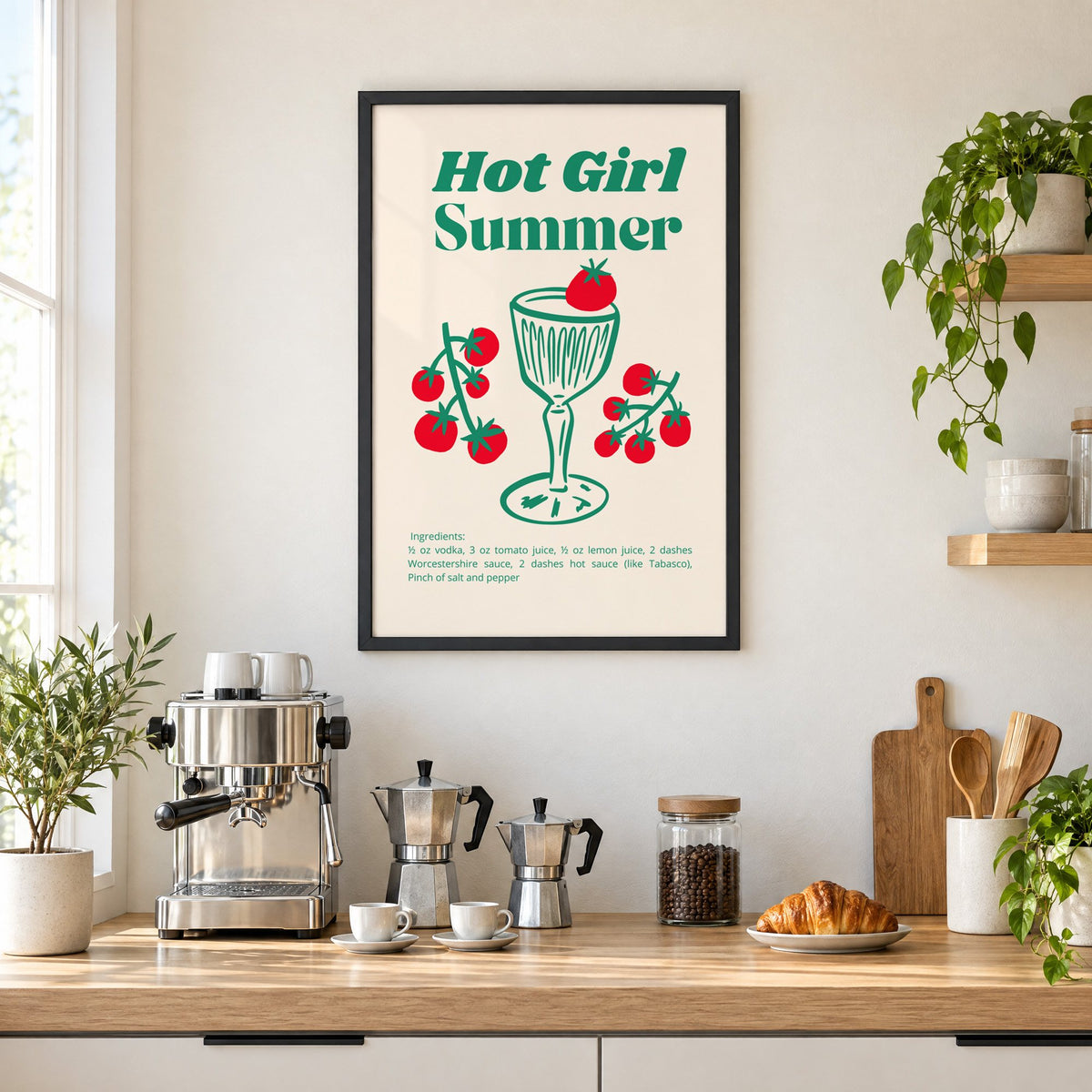 Hot Girl Summer tomato cocktail recipe print in a black frame above a home espresso bar with moka pots and espresso cups
