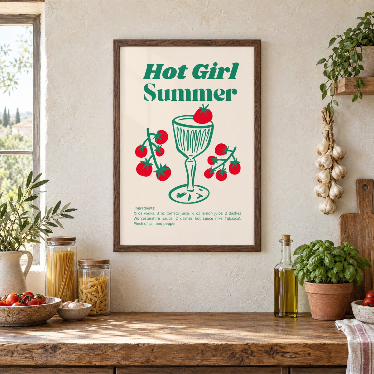 Hot Girl Summer tomato cocktail recipe print in a walnut frame above a rustic Italian pantry counter with pasta jars, garlic and tomatoes
