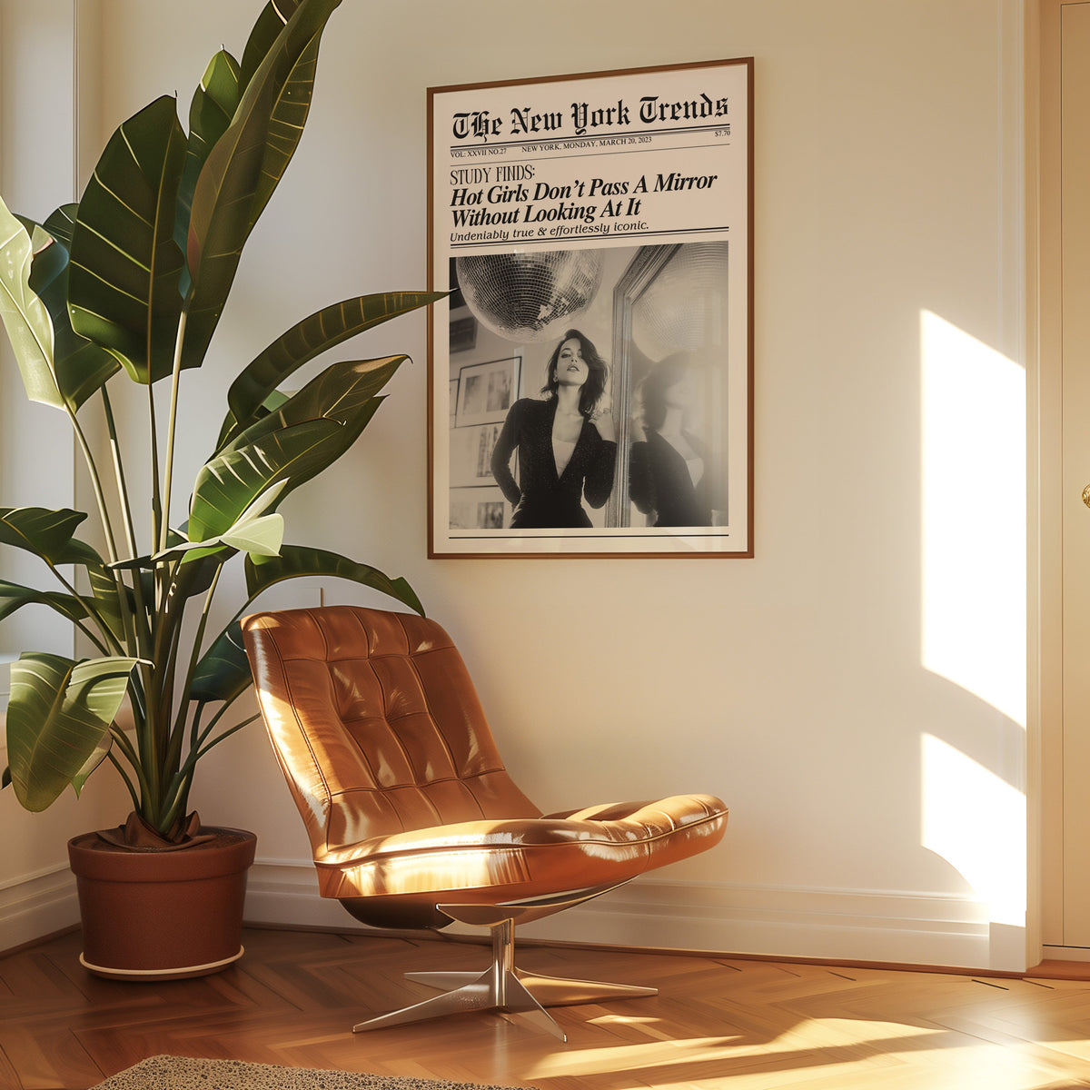 Woman by mirror with disco ball mock newspaper print in a walnut frame above a leather lounge chair