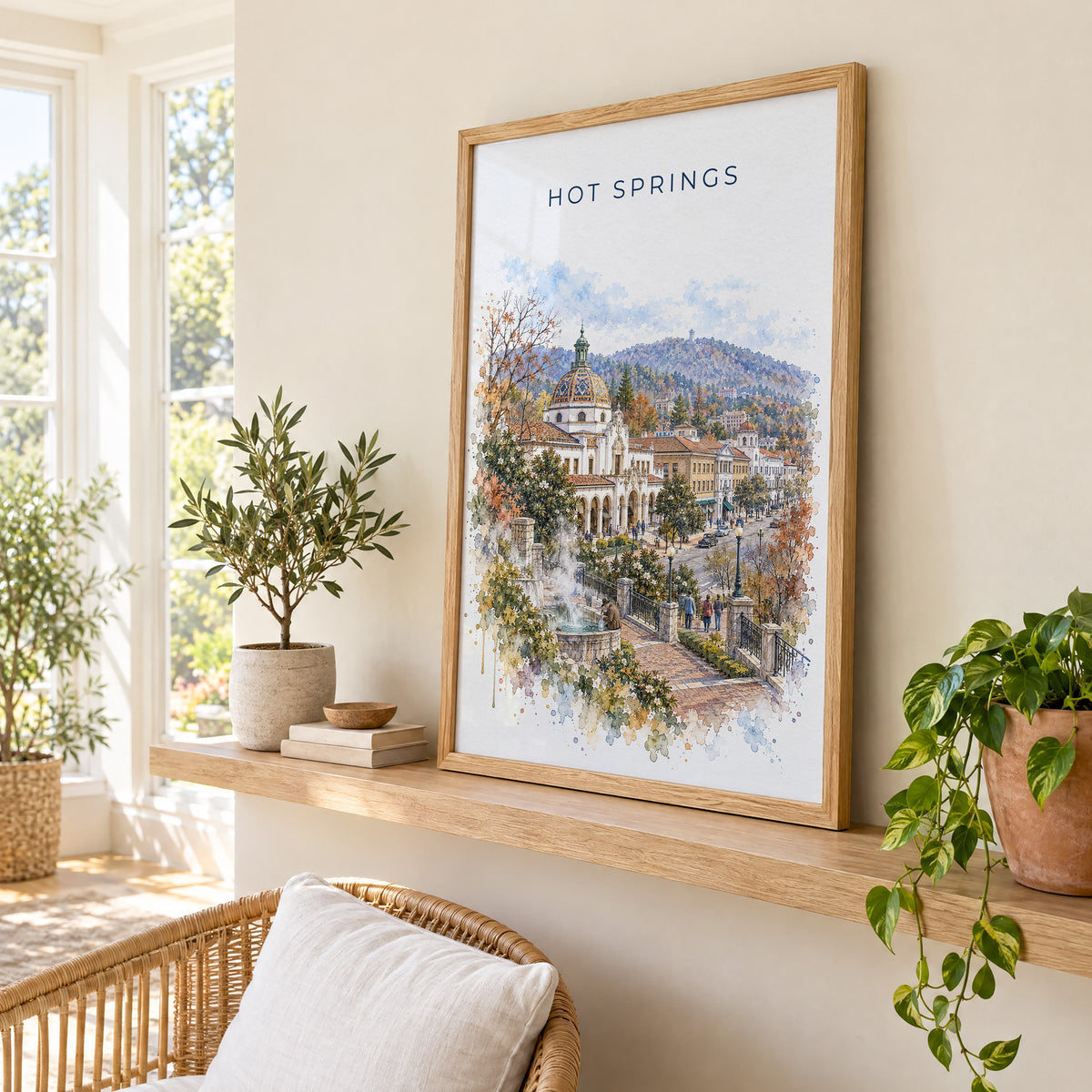 Hot Springs, Arkansas watercolor print in an oak frame on a picture ledge in a sunlit sunroom