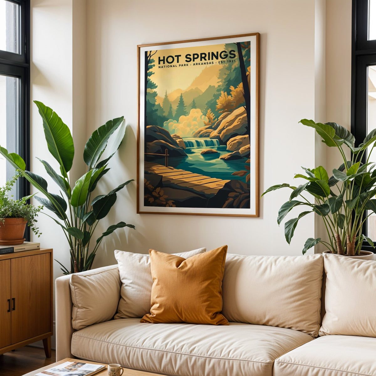 Hot Springs National Park print in an oak frame above a cream living room sofa with an ochre cushion