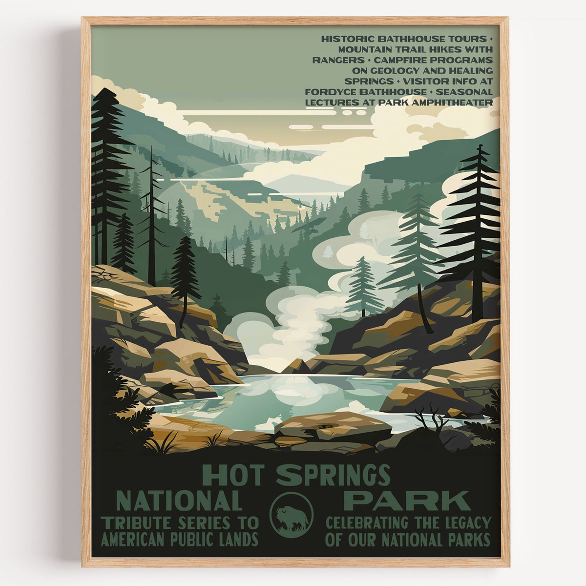 Hot Springs National Park wall art print in a thin wood frame, steam rising from the thermal springs among forested hills