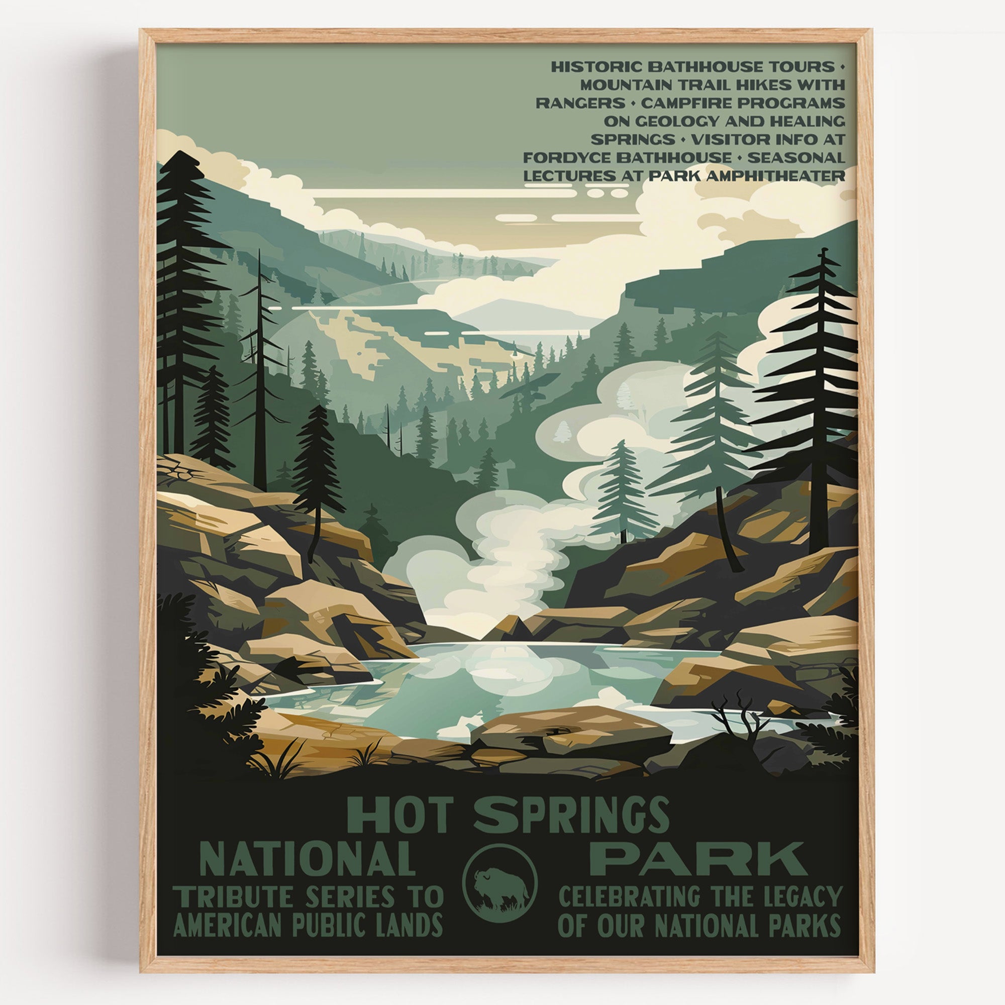 Hot Springs National Park wall art print in a thin wood frame, steam rising from the thermal springs among forested hills