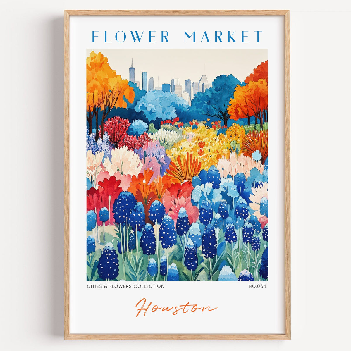 Houston flower market print in a light oak frame on a plain white wall