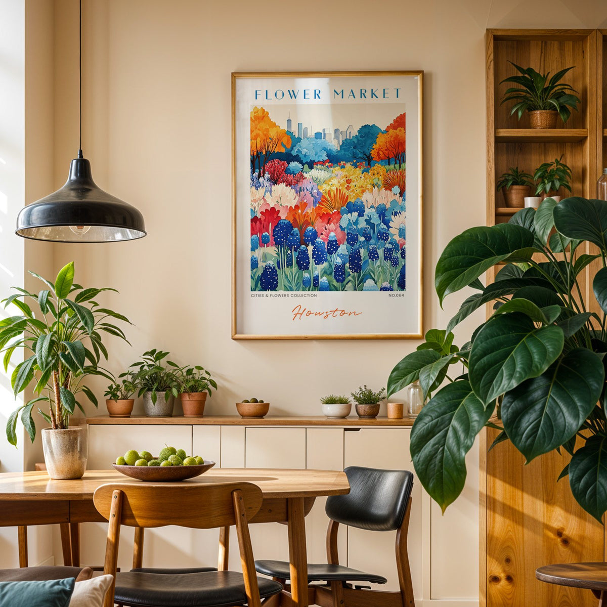 Houston flower market print in an oak frame above a dining sideboard lined with potted plants