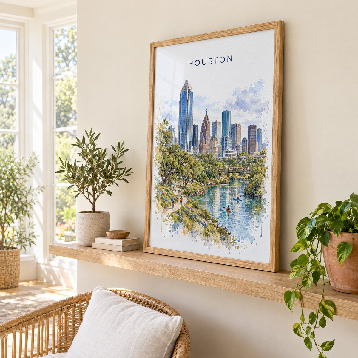 Houston watercolor print in an oak frame on a picture ledge in a sunlit sunroom