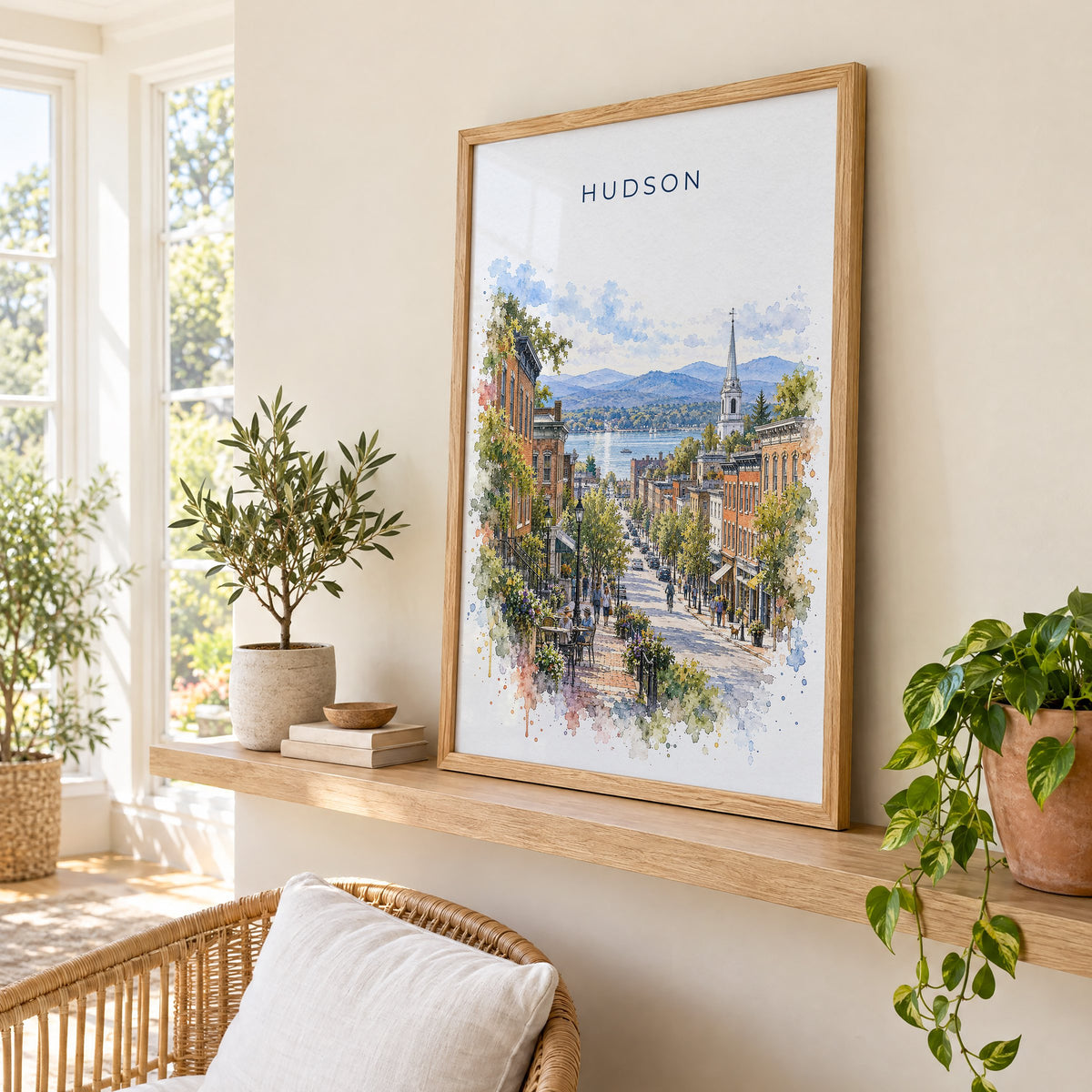Hudson, New York watercolor print in an oak frame on a picture ledge in a sunlit sunroom