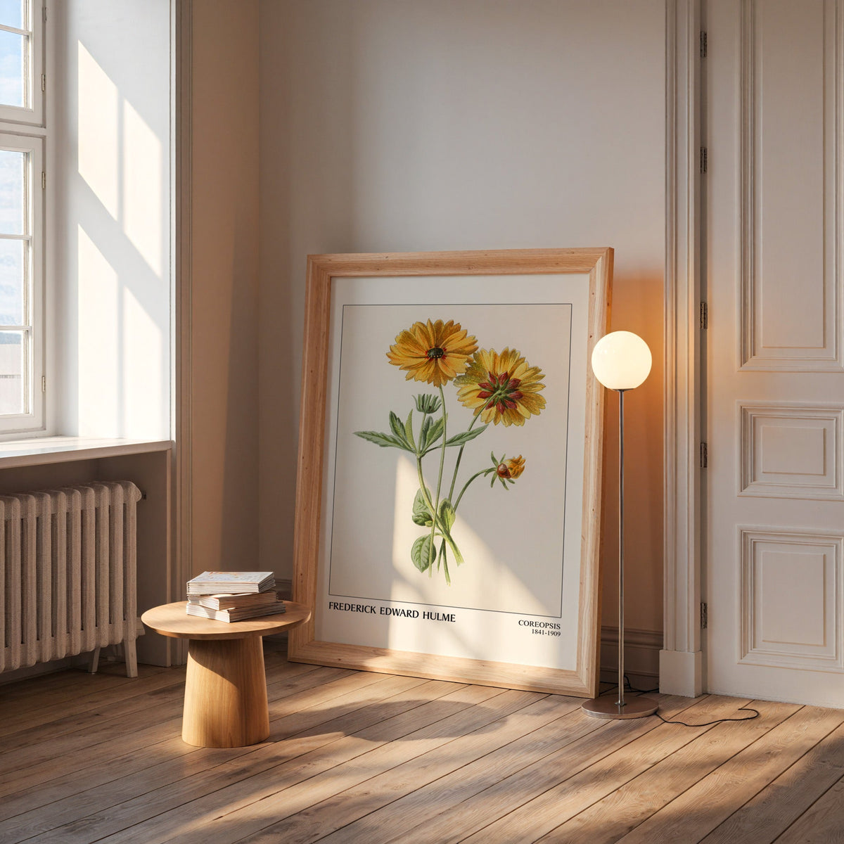 Coreopsis plate in a wide pine frame leaning by a sunlit window