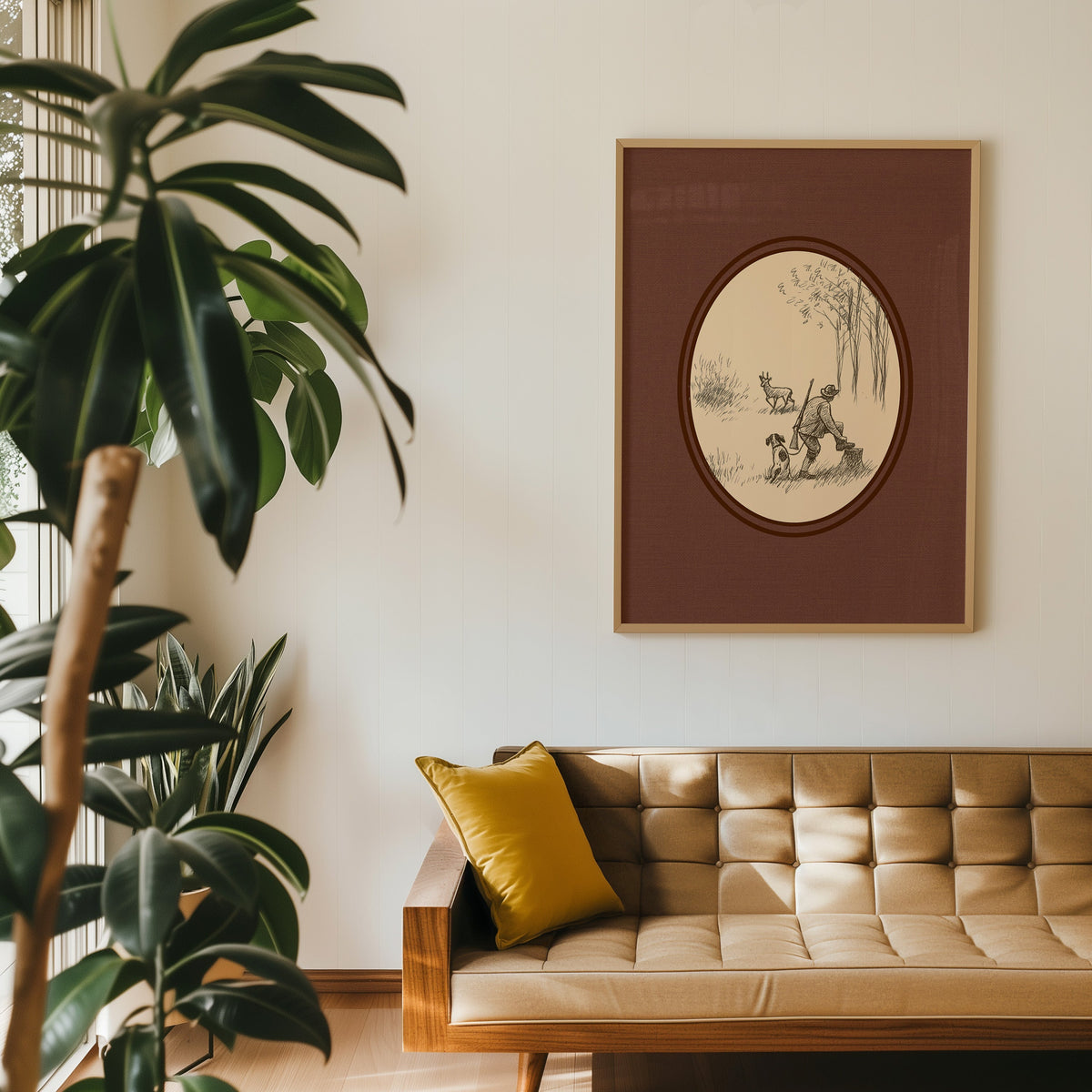 Hunter and dog cameo print in an oak frame above a tan leather sofa