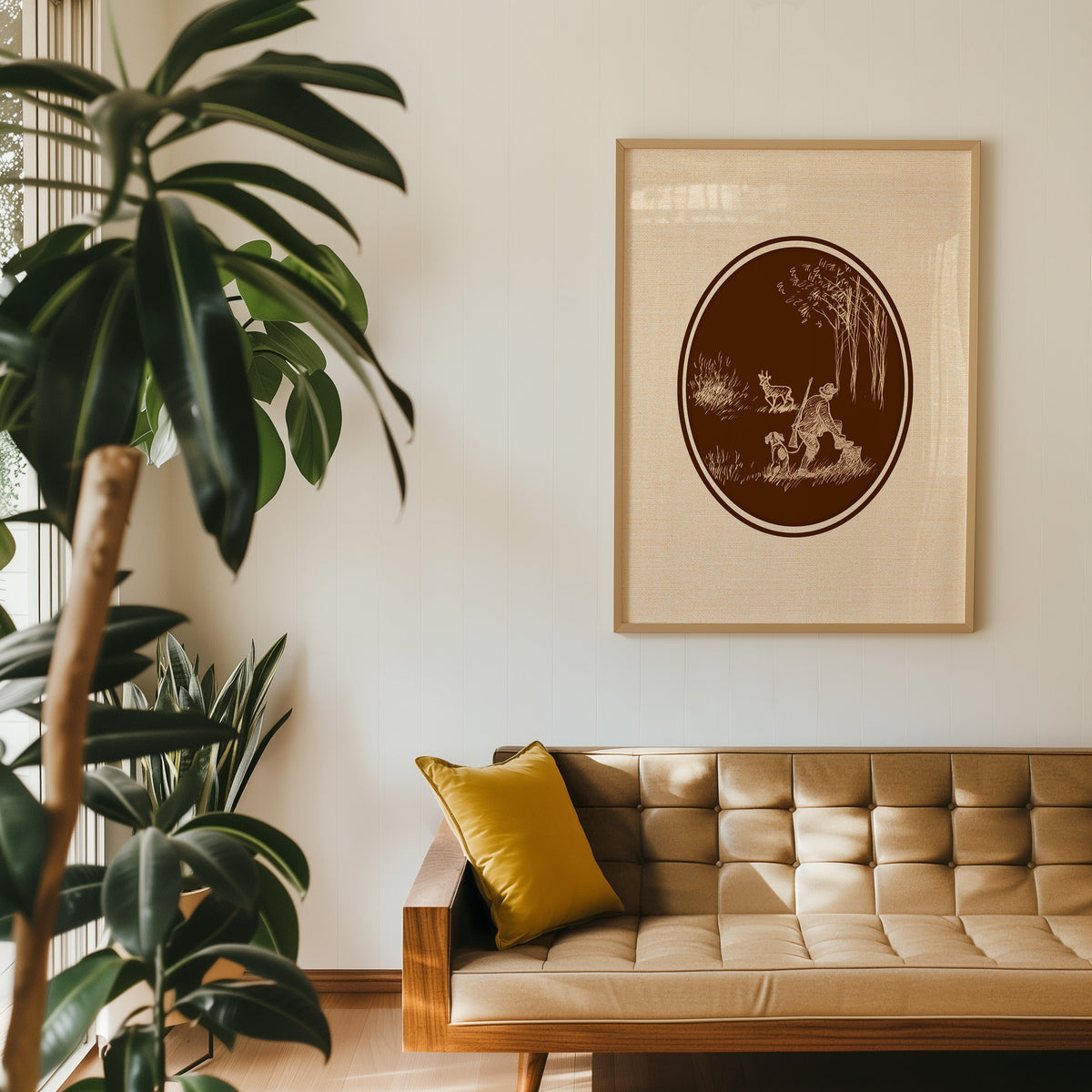Hunter and dog cream cameo print in an oak frame above a tan leather sofa
