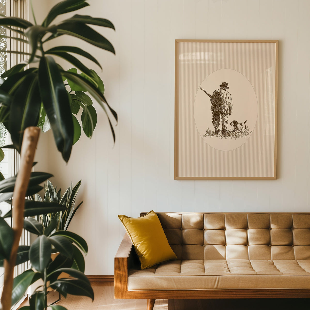 Hunter with dog pinstripe print in an oak frame above a tan leather sofa