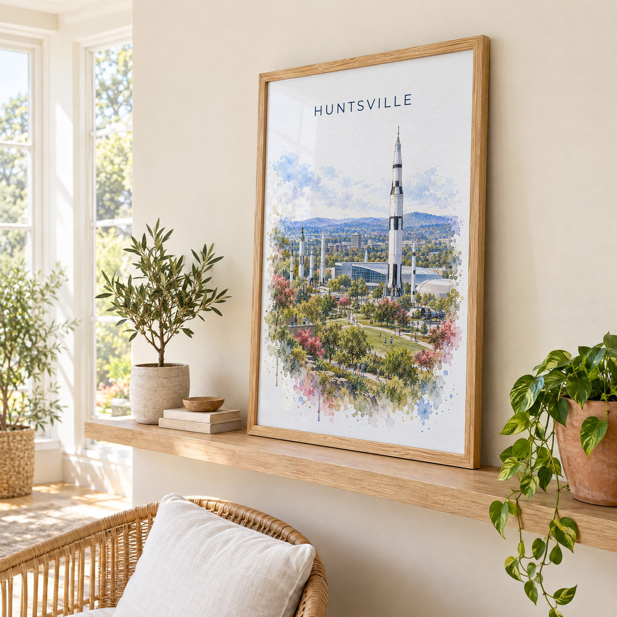 Huntsville watercolor print in an oak frame on a picture ledge in a sunlit sunroom