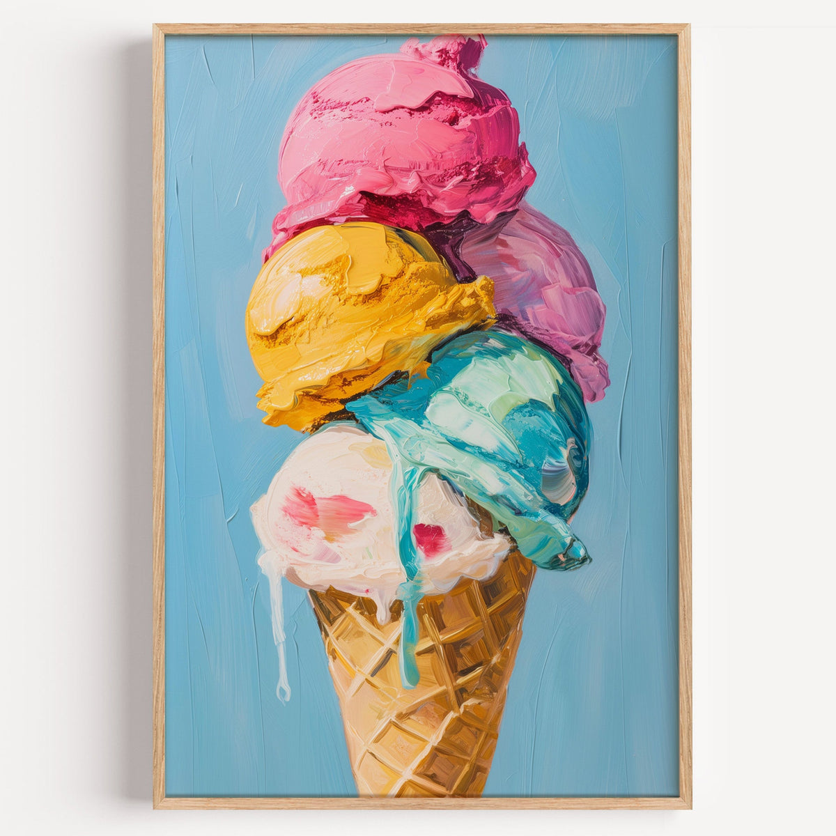 Ice cream cone three scoops print in a light oak frame on a plain white wall