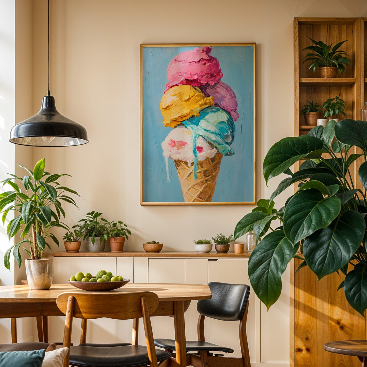 Ice cream cone print in an oak frame in a dining room above a plant-lined sideboard
