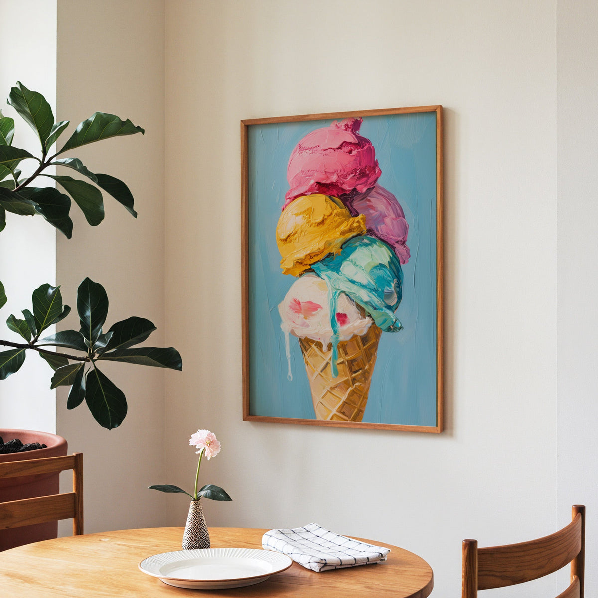 Ice cream cone print in a walnut frame above a round table beside a fiddle-leaf fig