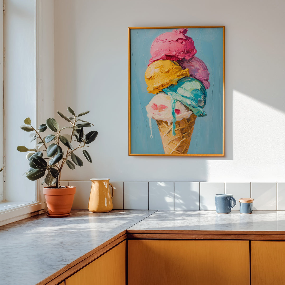 Ice cream cone print shown in a gold frame above a marble counter in a tan kitchen