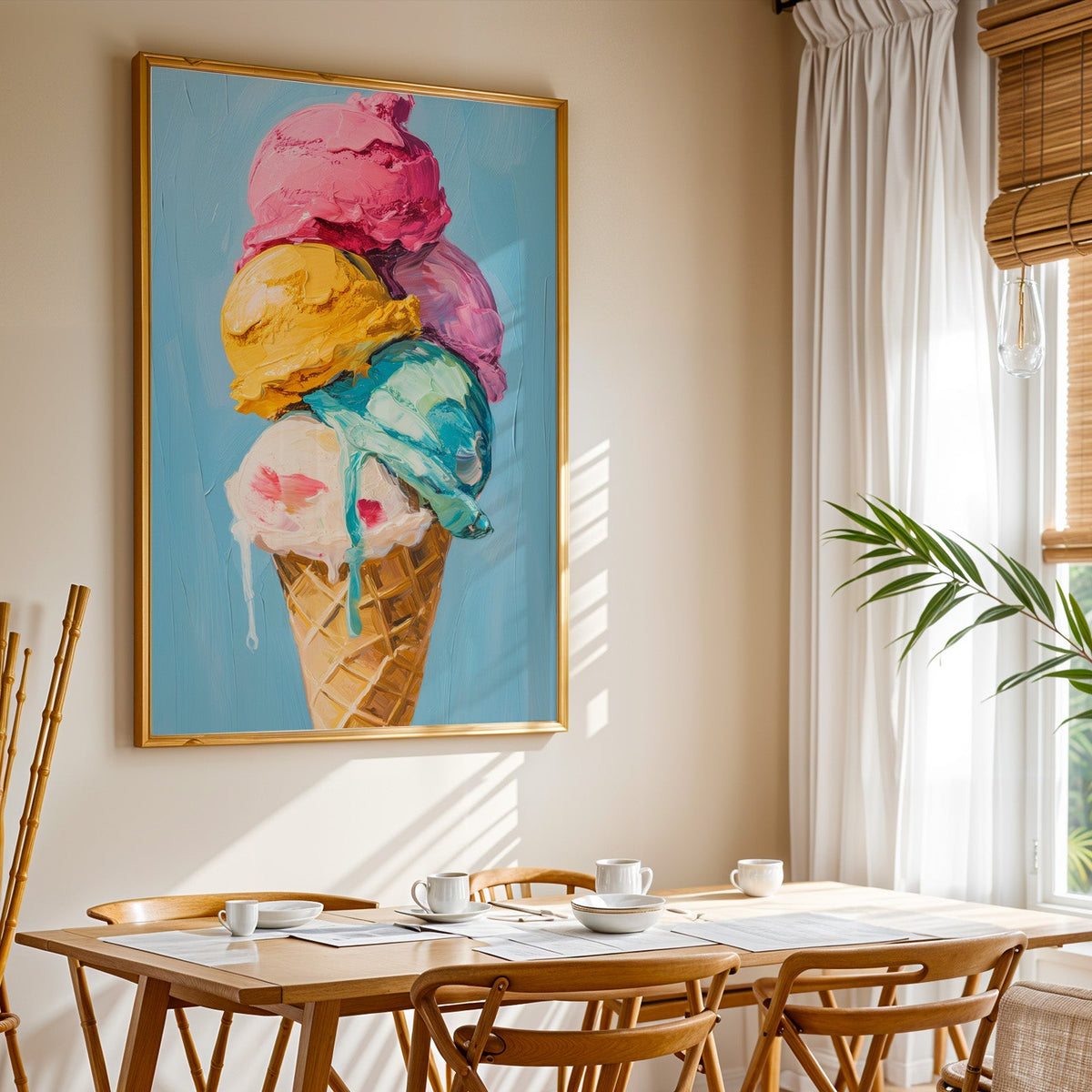 Ice cream cone print shown in a gold frame above a breakfast table by a curtained window
