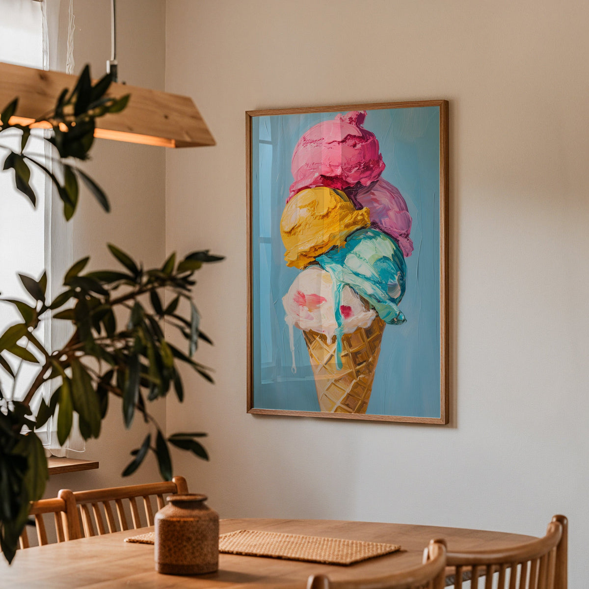 Ice cream cone print in a walnut frame above a dining table with olive branches