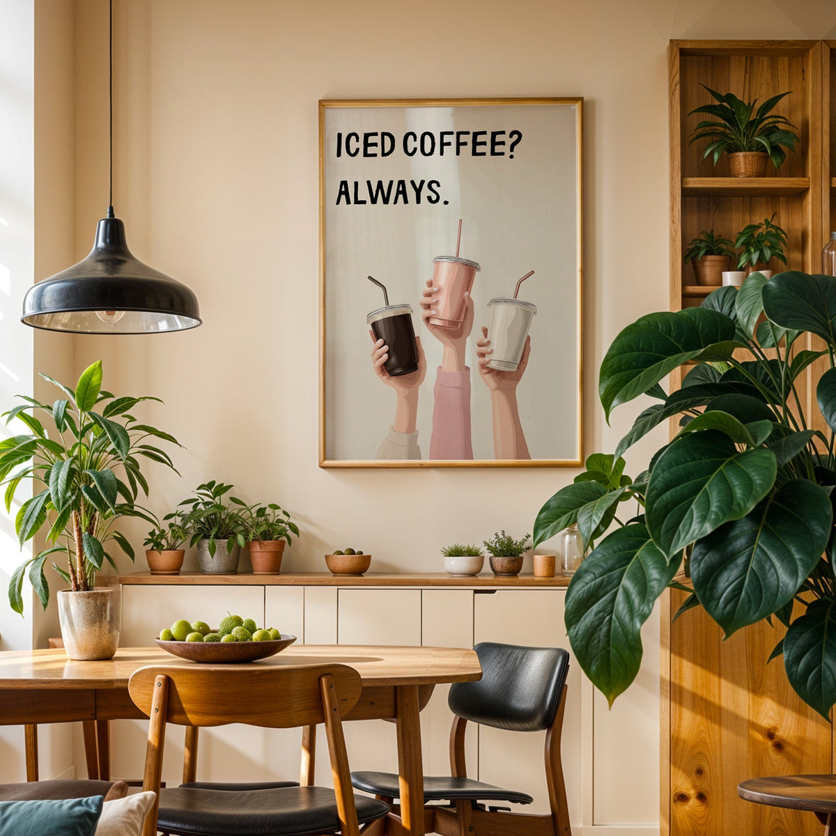 Iced Coffee Always print in an oak frame in a dining room above a plant-lined sideboard