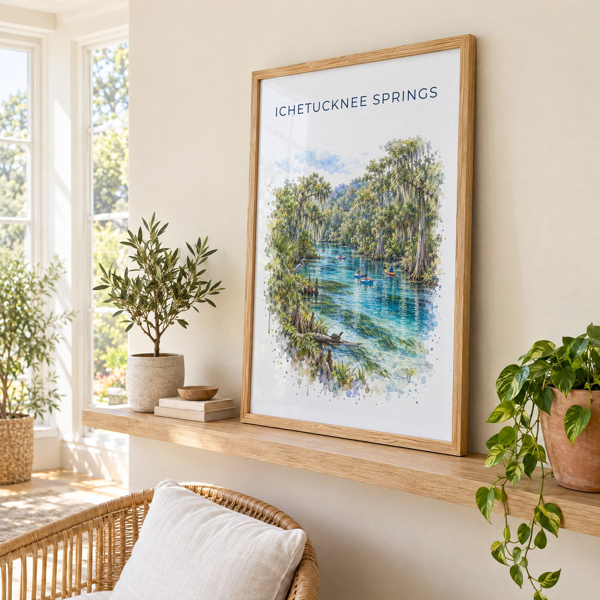 Ichetucknee Springs State Park watercolor print in an oak frame on a picture ledge in a sunlit sunroom