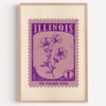 Illinois state flower stamp print in violet on mauve, light oak frame on a plain white wall