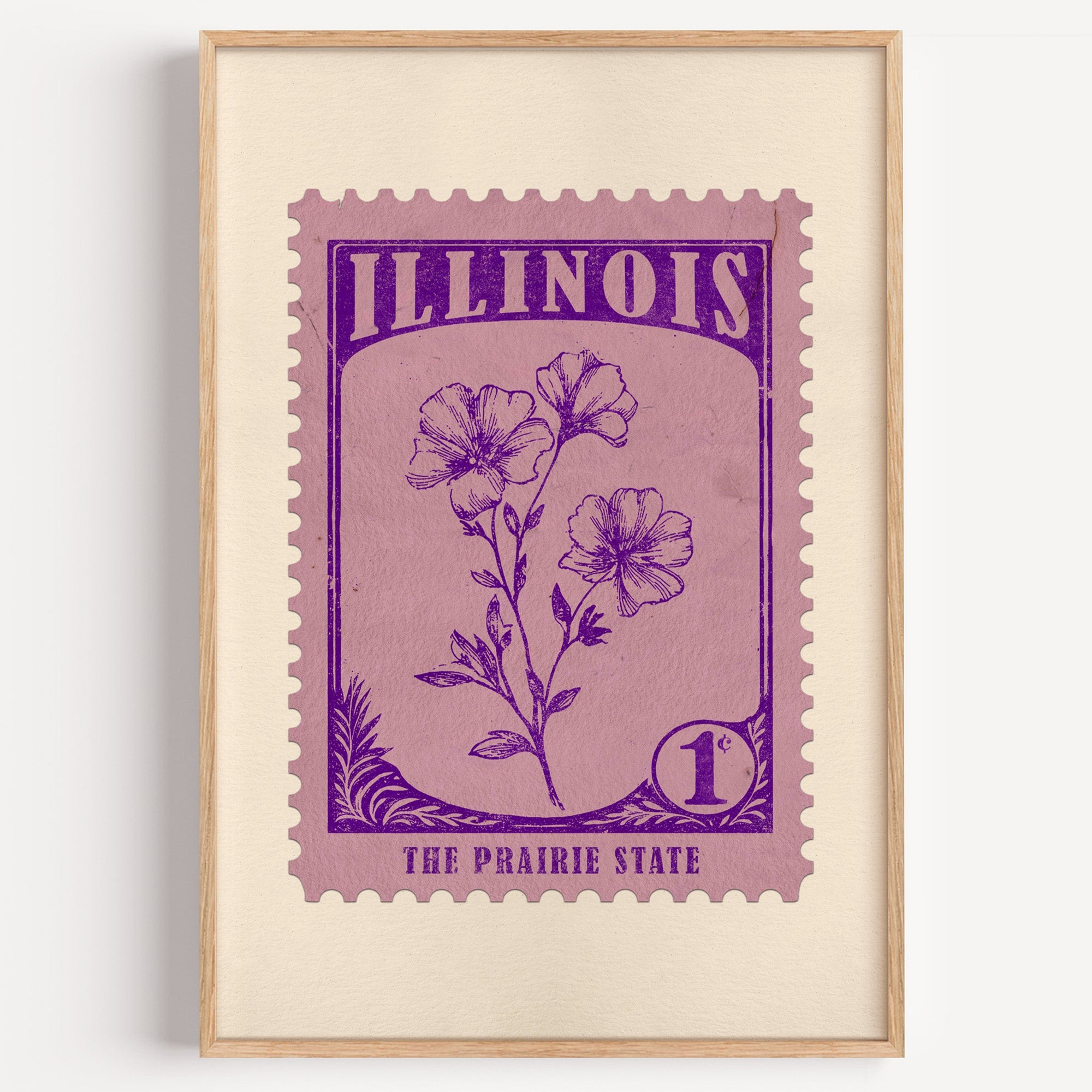 Illinois state flower stamp print in violet on mauve, light oak frame on a plain white wall