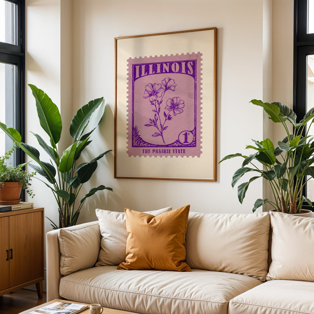Illinois state flower print framed above a cream sofa with an ochre cushion and large plants either side