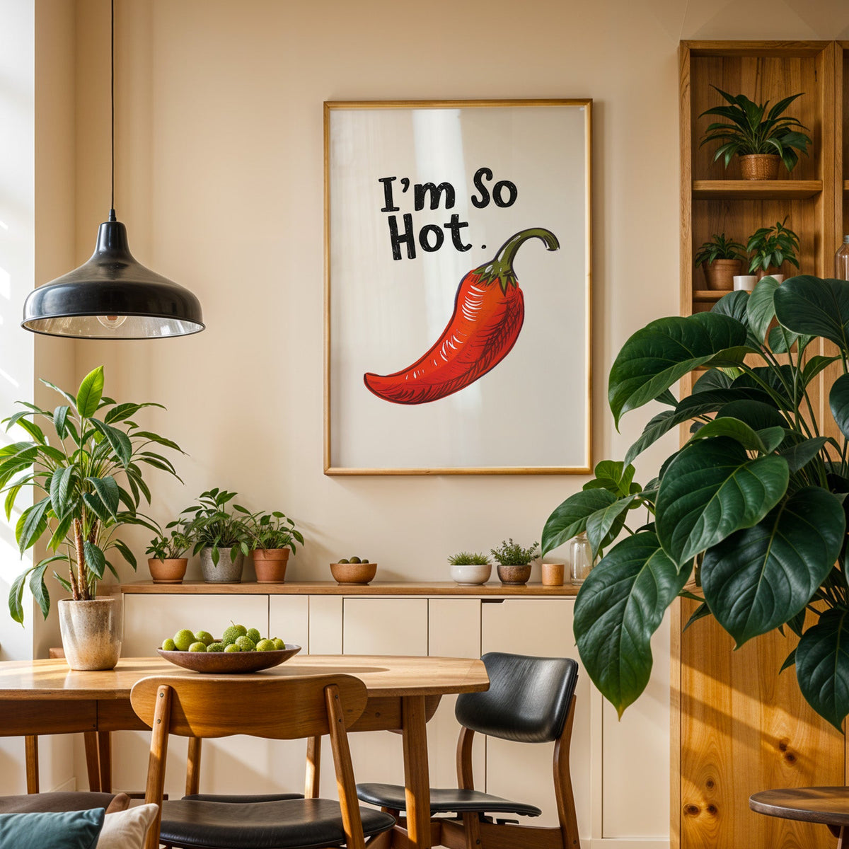 I'm So Hot chilli print in an oak frame in a dining room above a plant-lined sideboard