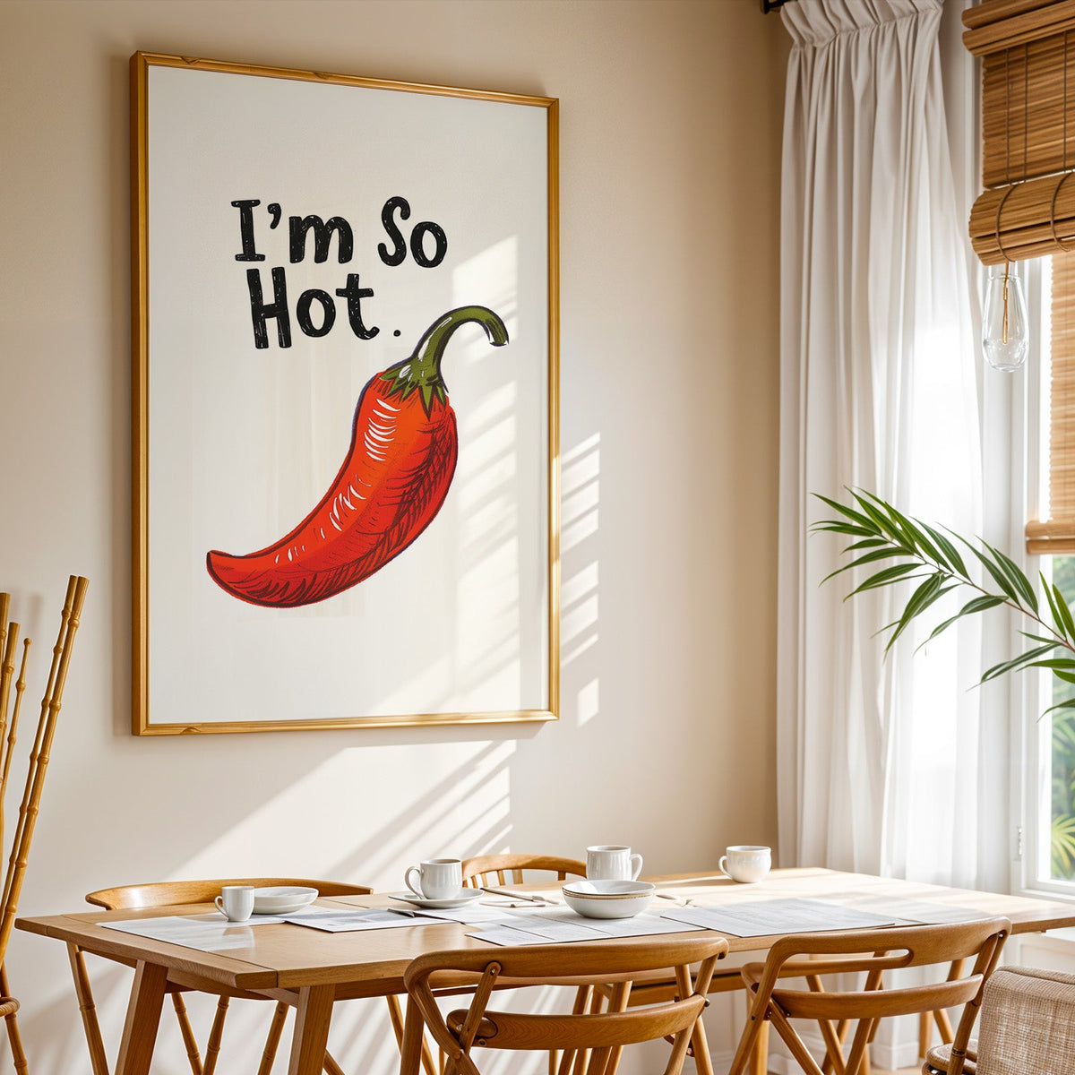 I'm So Hot chilli print shown in a gold frame above a breakfast table by a curtained window