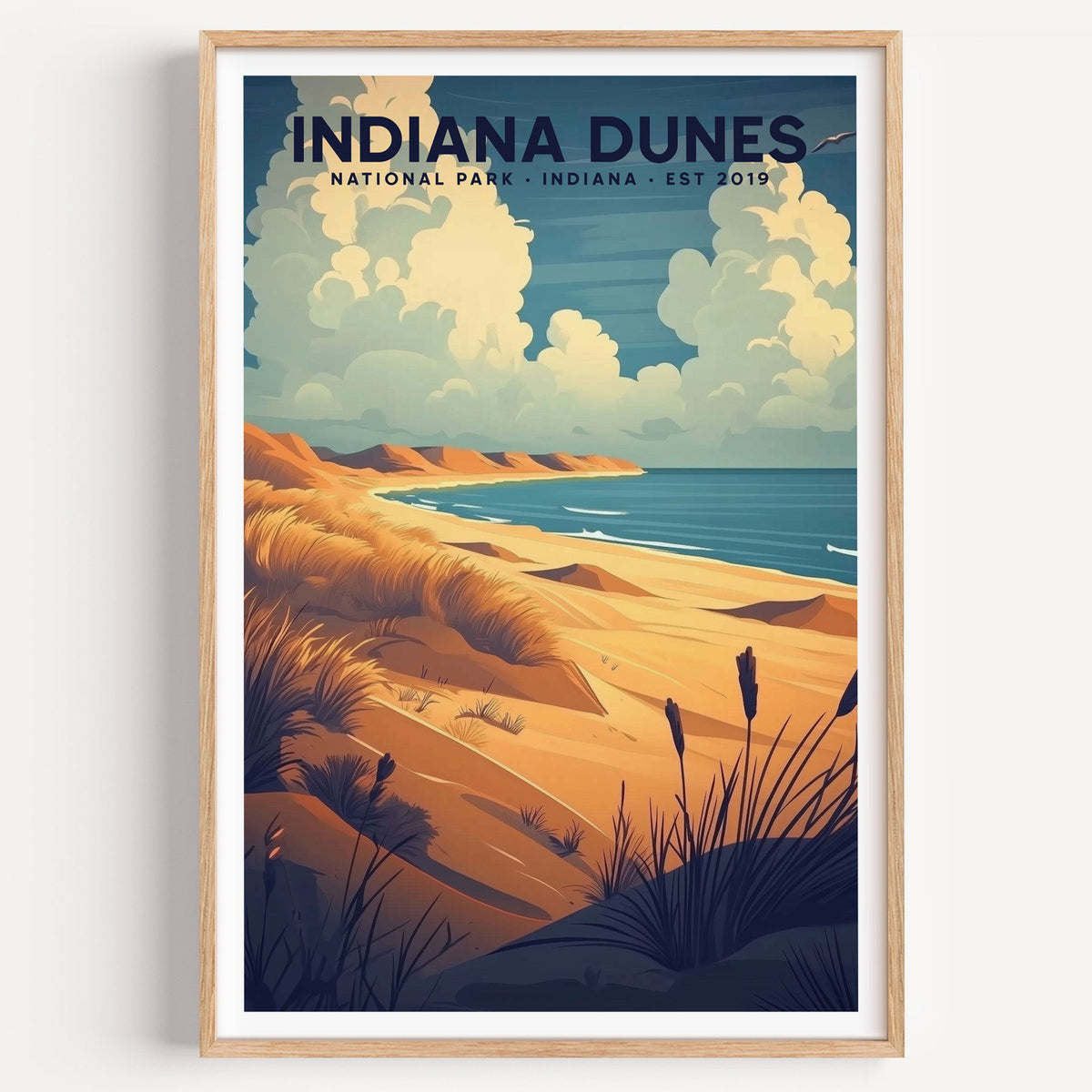 Indiana Dunes National Park illustrated print: a grassy dune by blue water, in an oak frame