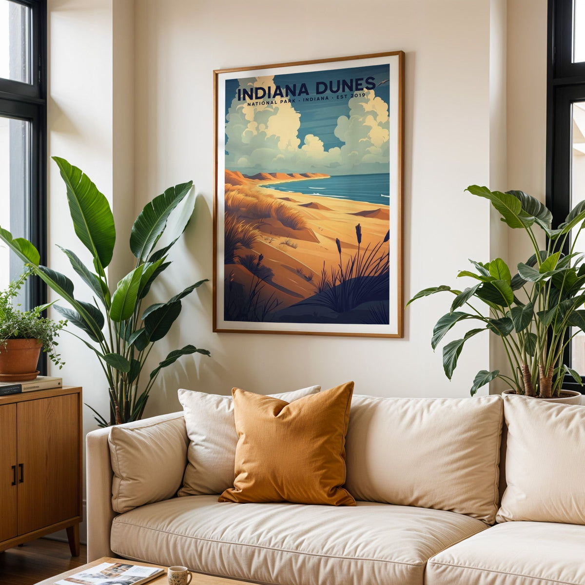 Indiana Dunes National Park print in an oak frame above a cream living room sofa with an ochre cushion