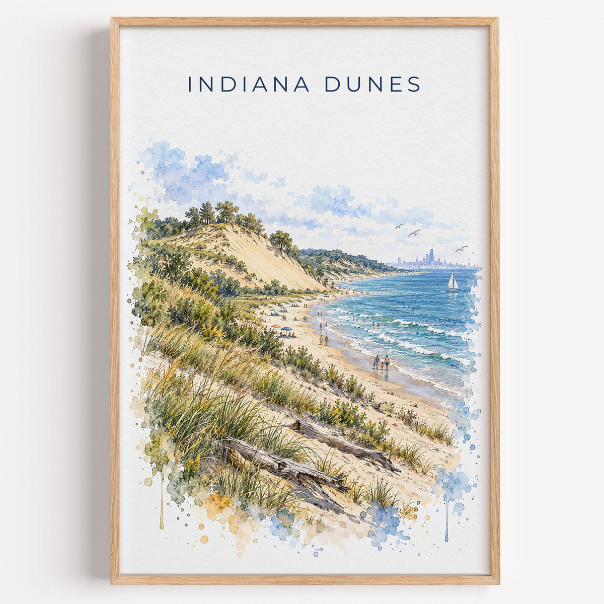Indiana Dunes National Park watercolor print in a light oak frame on a plain white wall